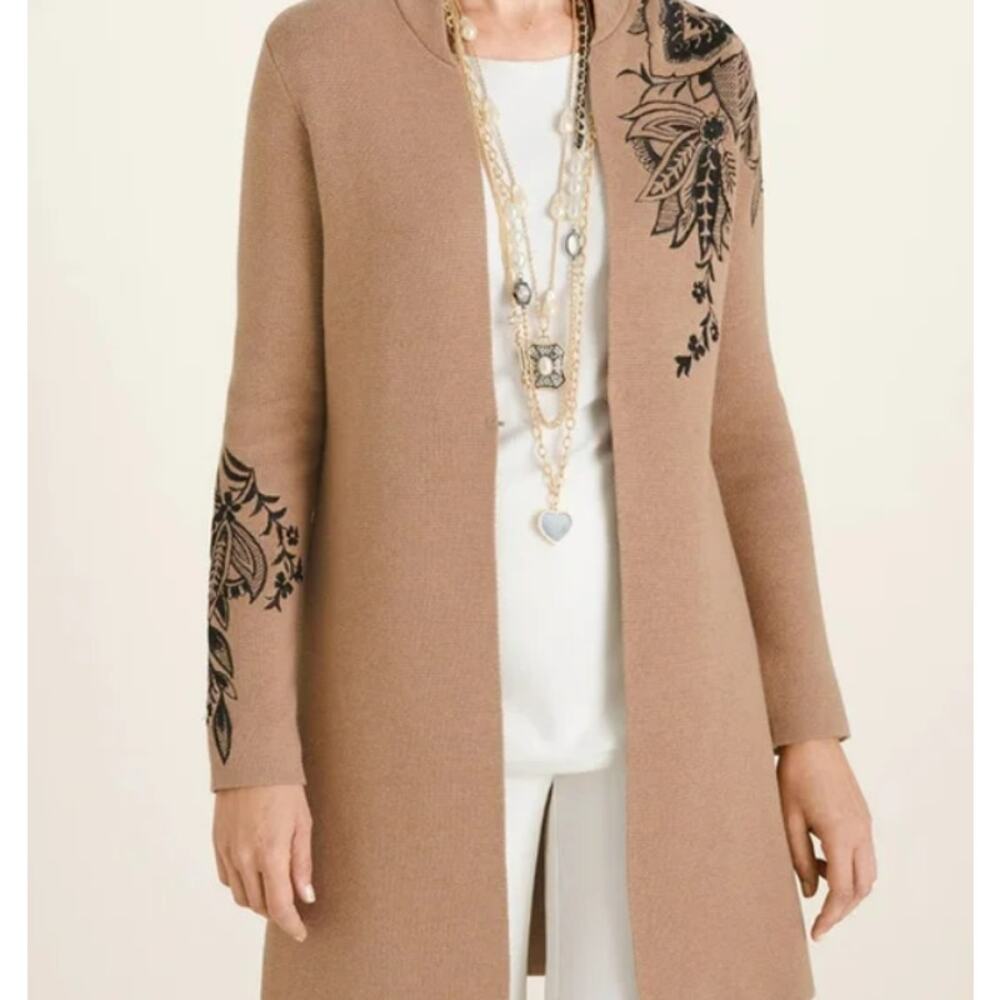 Chicos Long Cardigan Sweater Knit Embroidered Floral Tan Black Womens XL